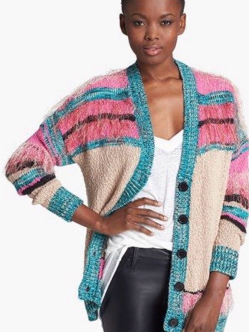 MINKPINK Pink, Teal and Cream Striped Chunky Cardigan
